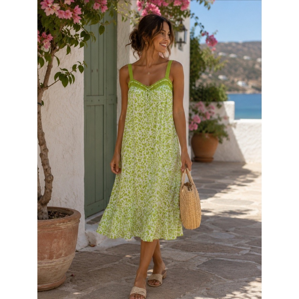 Stellah Green White Printed Summer Flowy Sleeveless Cottagcore Midi Dress Size M